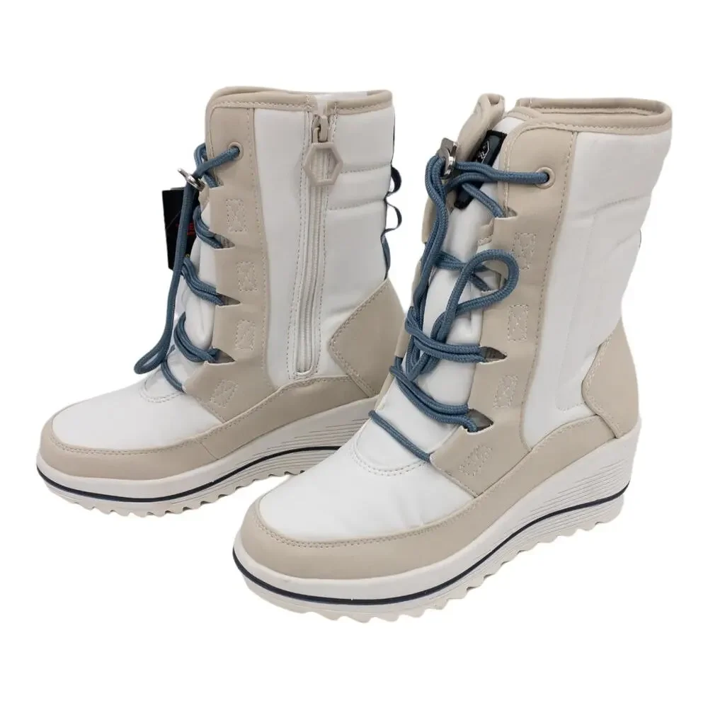 Khombu Waterproof Lace-Up Inside Zip Wedge Winter Boots Women's 6 White Tan